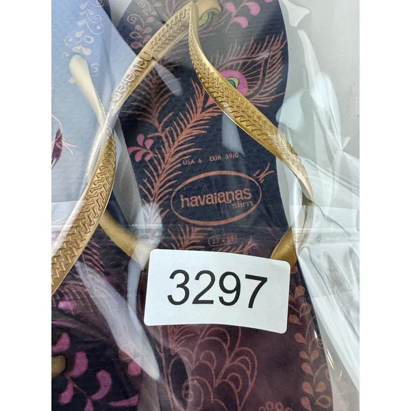 Havaianas Slim Peacock Feather‎ Flip Flops Womens Size 6 7 Navy Gold Resort - Image 6