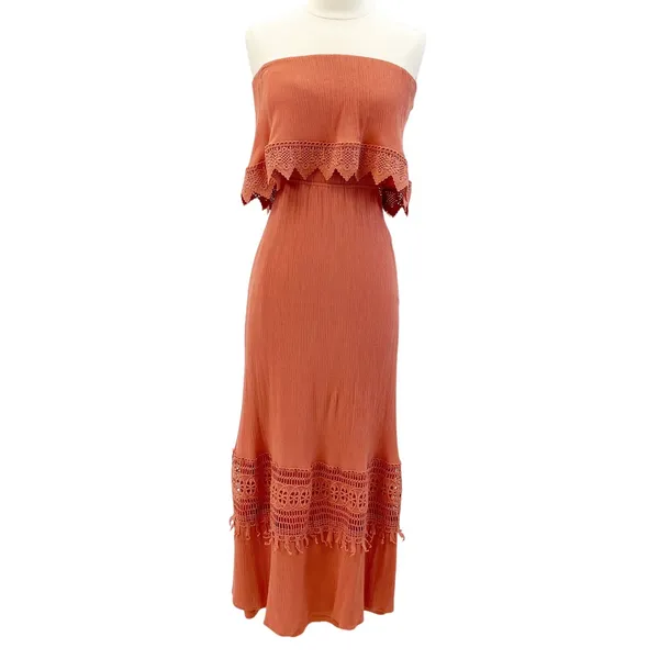 Daytrip Womens XS Strapless Crochet Maxi‎ Dress Rust Orange Gauzy Bohemian Beach - Image 2