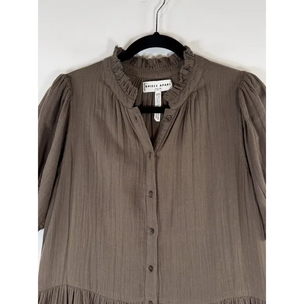 Apiece Apart Womens Dress Brown Las Alturas Mini Tiered Puff Sleeve A Line XS - Image 5