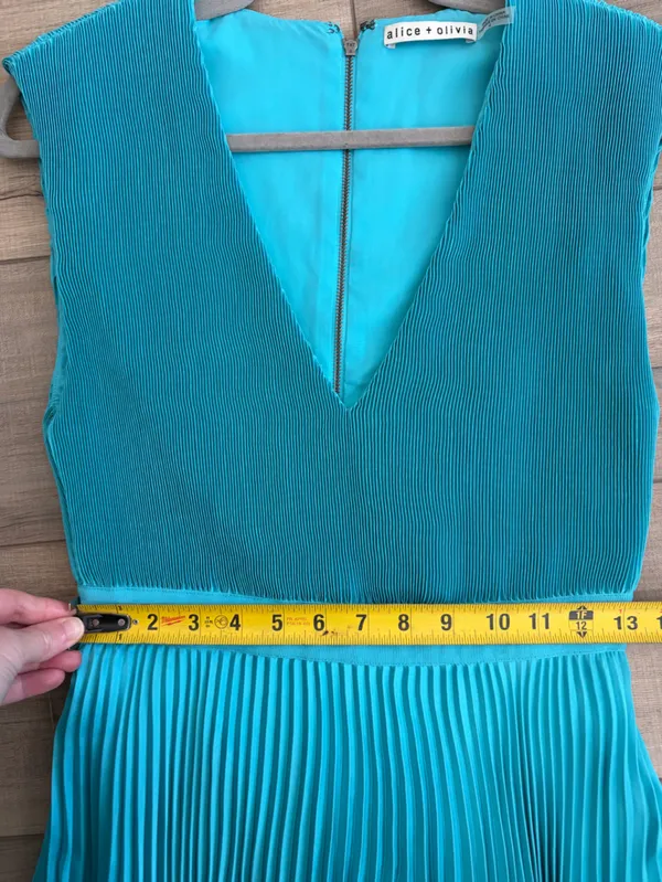 Alice + Olivia Joleen V Neck Pleated Skirt Handkerchief Midi Dress Teal Blue 4 - Image 9