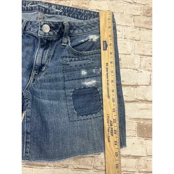 AMERICAN‎ EAGLE 6 Jean Shorts Cut Off Patches Denim Med Wash Distressed - Image 6