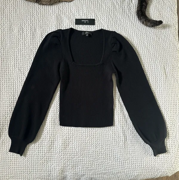 Lulus Black Knit Balloon Sleeve Top - Image 2