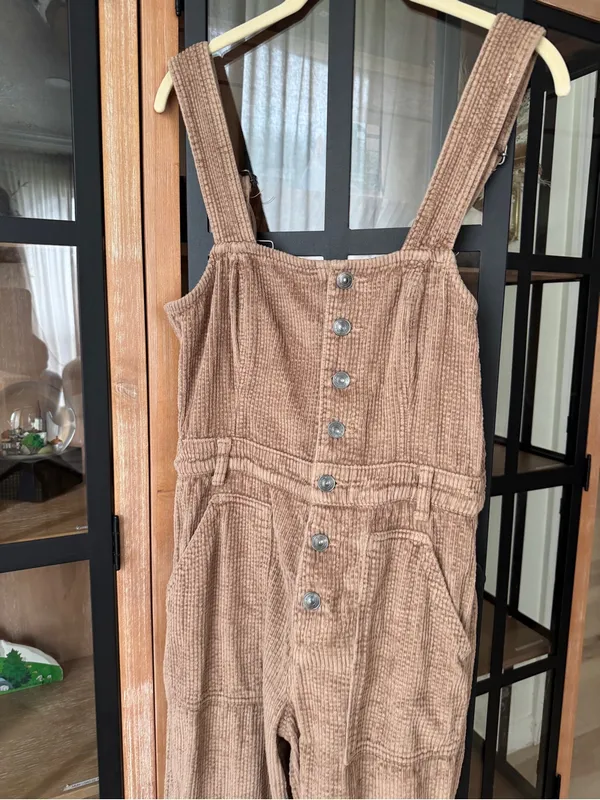 Aerie Corduroy Kick Flare Overalls jumpsuit khaki wide leg cappuccino buttons - Image 7