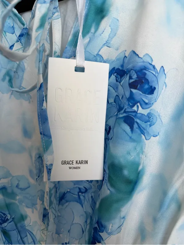 Grace Karin Blue Floral Smocked Maxi Dress Size M NWT - Image 5