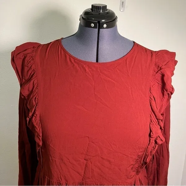 Loft Women's Size Large Wild Currant Ruffle-Sleeve Peplum Top Burnt‎ Red Orange - Image 3