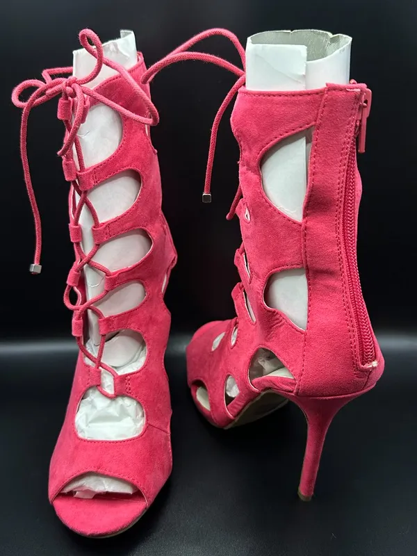 Wild Diva Hot Pink Suede Cutout Lace Up Stiletto Heel Booties Barbiecore Glam - Image 11
