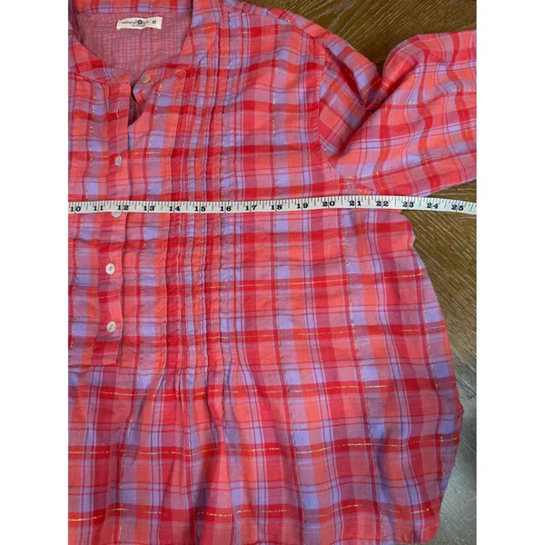Natural Life Pink Purple Plaid Pintuck Blouse Gold Metallic Cotton Top Medium - Image 7