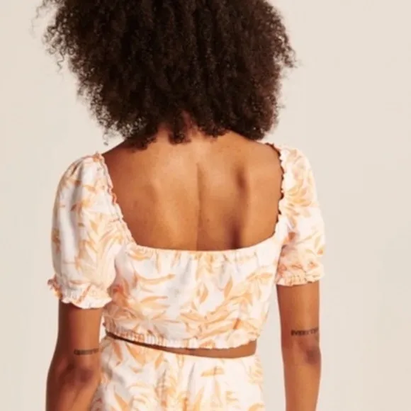 Abercrombie‎ & Fit Puff Sleeve Linen Crop Top Orange Cream Floral Preppy Cottage - Image 6