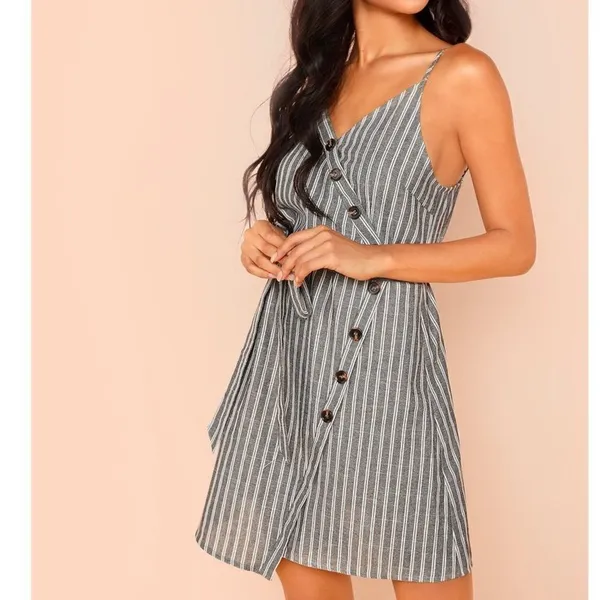 ✨ Button Detail Self Belted Overlap Striped Dress✨ Gray Size L - Image 2