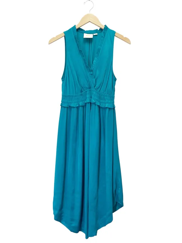 Maeve La Habana Dress Small Turquoise Ruffle V Neck Midi Curve Hem Anthropologie - Image 2