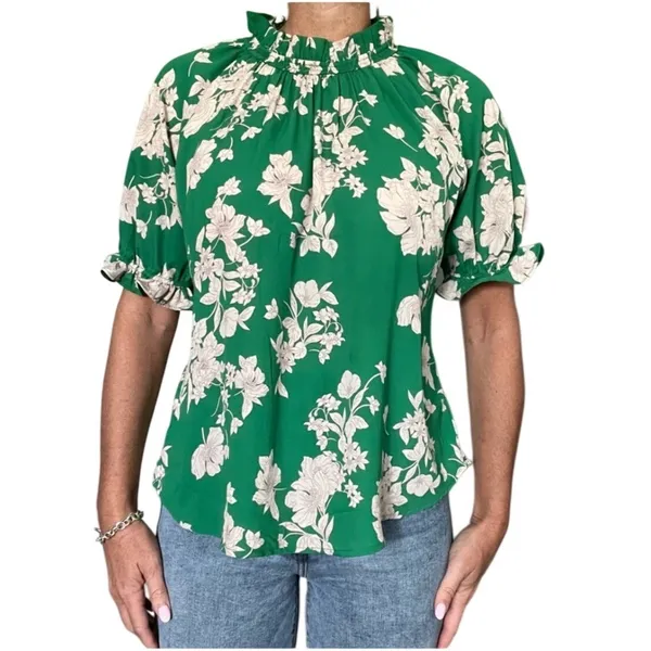 Sienna Sky Floral Blouse Womens Large Green Smocked High‎ Neck Puff Sleeve Top - Image 2