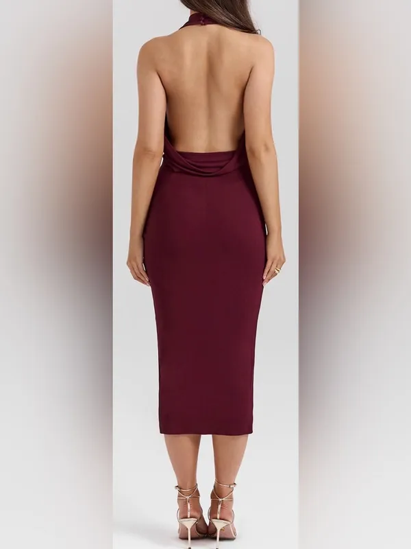 New HOUSE OF CB FLORENTINA halter Merlot Draped Midi Dress sz XL L+ - Image 4