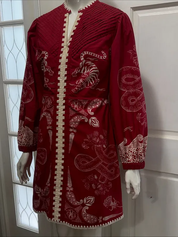 ANNA CATE Jenny Scarlet Embroidered Tiger Long Sleeve Dress 100% Cotton Size S - Image 8