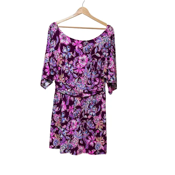 Lilly Pulitzer Hollee Dress Berry Sangria Floral Purple Mini V-Back Womens L - Image 3
