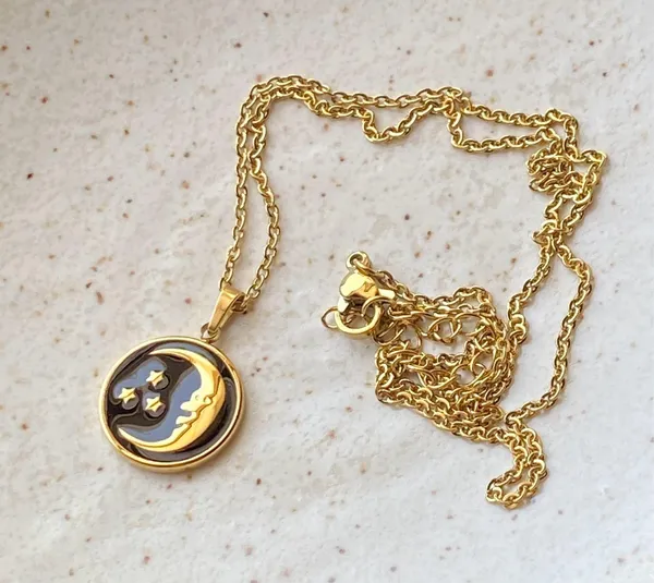Handmade gold tone stainless steel & black enamel celestial whimsical vintage style necklace🌟 - Image 5