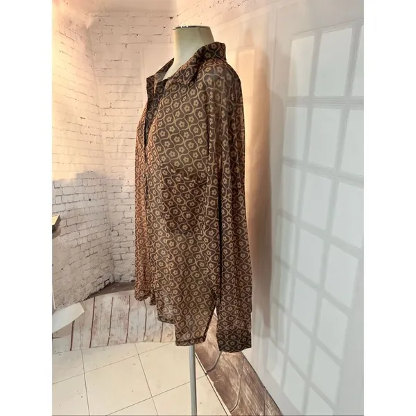 ASOS Design Brown Geometric Floral Print Semi Sheer Long Sleeve Blouse Size 24 - Image 3