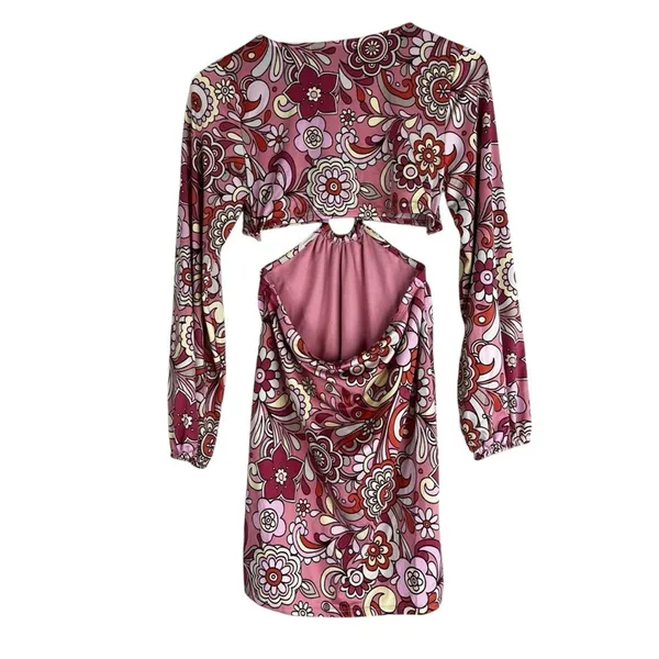 Almost Famous Retro Floral Psychedelic Cutout Mini Dress Pink 70s Hippie Size L - Image 4