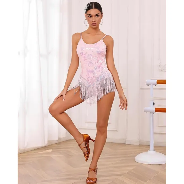 NWT ODIZLI Pink Sequin Fringe Tassel Cami Bodysuit Rave Dance Costume Small - Image 3
