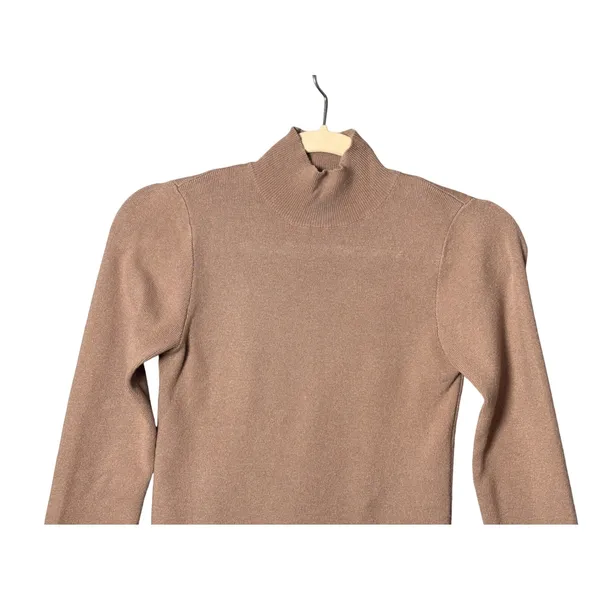 Commense Womens Mock Neck Sweater M Tan Ribbed Long Sleeve Minimalist Chic - Image 3