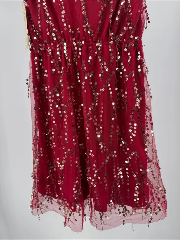 Southern fried chics deep red Sequined V-Neck and back sequin fringe L dress - Image 4