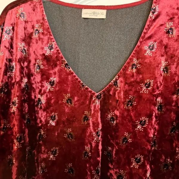 Natural Life All Day Velvet V-Neck Floral Shift Dress Burgundy XL Pockets - Image 5