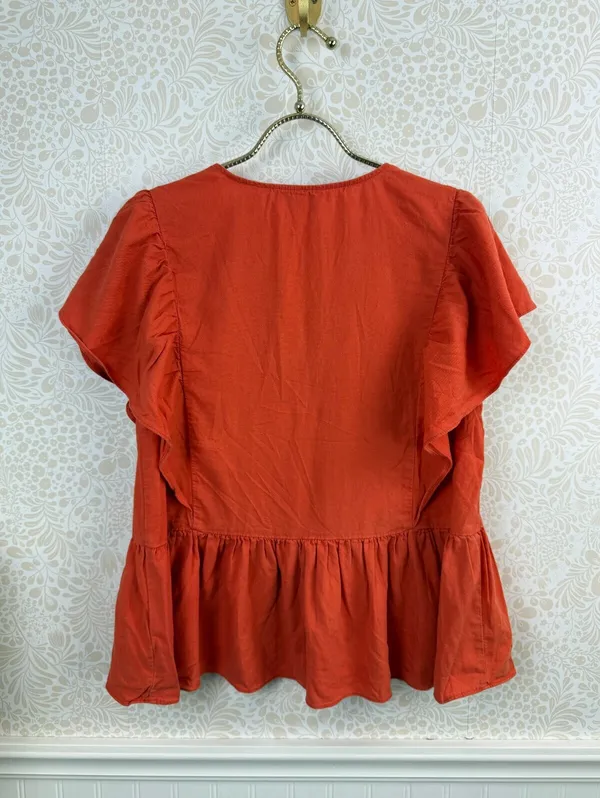 Madewell Rusted Clay Linen-Blend Flutter-Sleeve Peplum Top - Size - Medium - Image 3