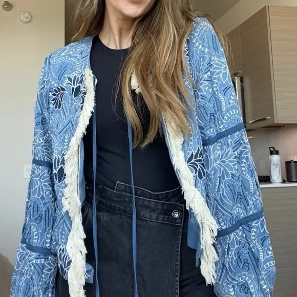 Zara Blue floral embroidered jacket with crochet lace trim - Image 3