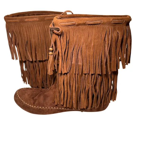 Mossimo Brown Suede Leather Fringe Moccasin Boots Womens 9 Faux Fur Lined Boho - Image 3