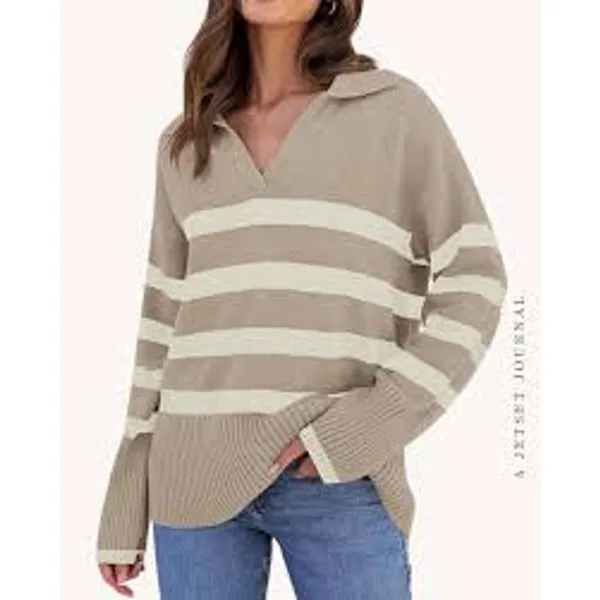 Zesica Long Sleeve V Neck Striped Polo Pullover Sweater Tan White Small - Image 2
