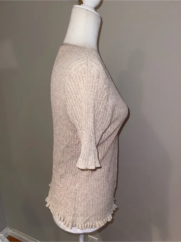Ribbed Short-Sleeve V-Neck Sweater Cardigan - Cream - Image 4