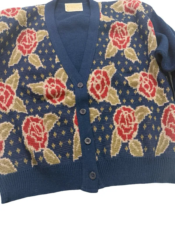 Pendleton Navy Floral Rose Print Cardigan Sweater Wool Knit Button Large Women's - Image 5