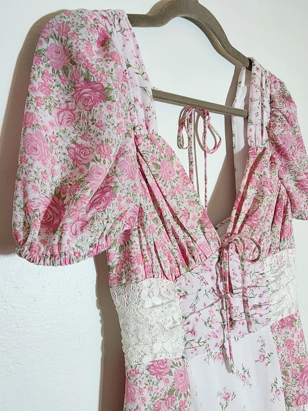 Altar'd State Pink and White Floral Boho Patchwork Mini Dress Size XS Flaw - Image 4