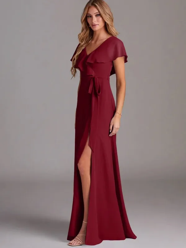Azazie Burgundy Ruffle Wrap Maxi Dress with Side Slit - Image 3