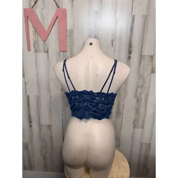 Blue Ribbed Lace Back Bralette Crop Top Medium Blue - Image 6