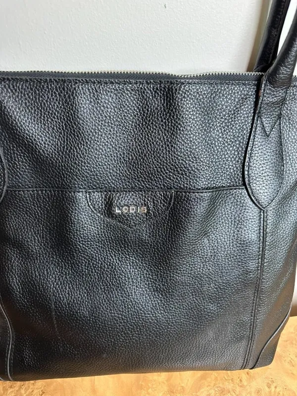 Lodis Black Pebbled Leather Tote Bag Shoulder Purse Floral Lining Work Travel - Image 3