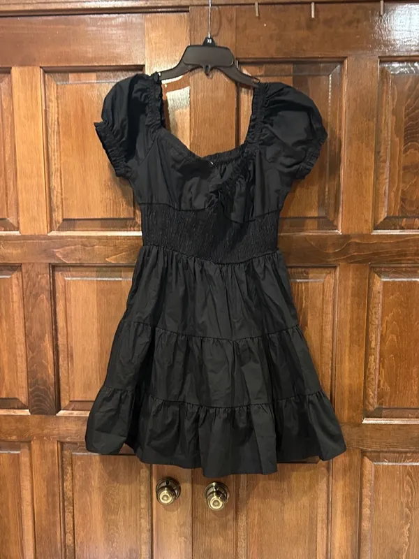 Princess Polly Black Mini Dress Size 10 Milkmaid Smocked Puff‎ Sleeve Tiered - Image 4