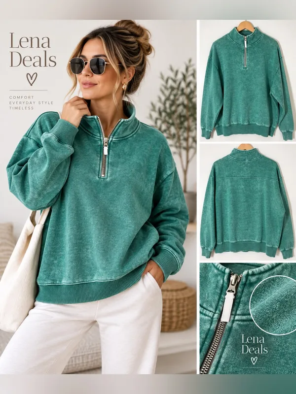 Zenana Vintage-Inspired Acid Wash Fleece Half Zip Sweatshirt Hunter Green Sz Med - Image 2