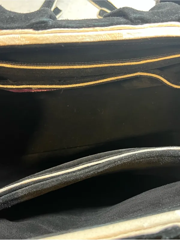 Black Ruffle Suede Satchel with Gold Accent - Image 6