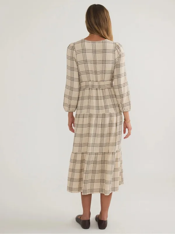 Marine Layer Maeve Maxi Dress NWOT Small Cream Windowpane Plaid Tiered V-Neck - Image 4