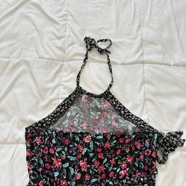 Kingston Gray Jumpsuit Womens Large Floral Black Tie‎ Halter Whimsy Hippie Boho - Image 11
