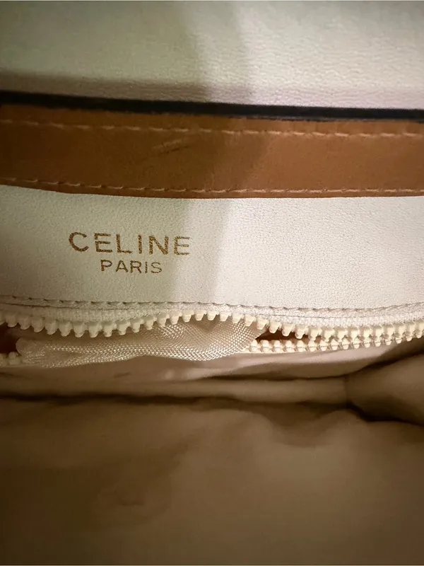 Celine crossbody bag White Leather Tote with Brown Trim and Gold Plaque - Image 10
