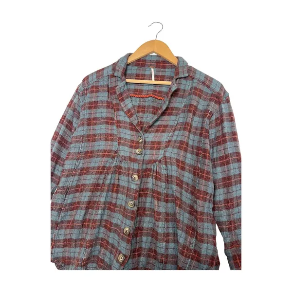 Free People Top Womens Extra Small Blue Wool Blend Plaid Button Up Boho Cottage - Image 4