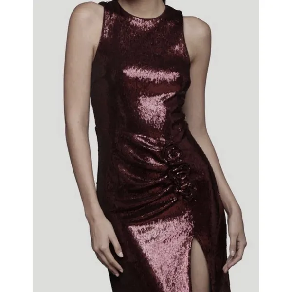 Avec Les Filles Burgundy Sequin-Embellished Crewneck Sleeveless Dress Size 6 - Image 3