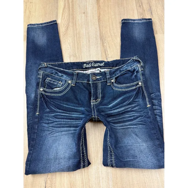 Y2K Low Rise Red Camel Scarlett Skinny Jeans Thick Stitch Embroidered Size 9‎ - Image 3