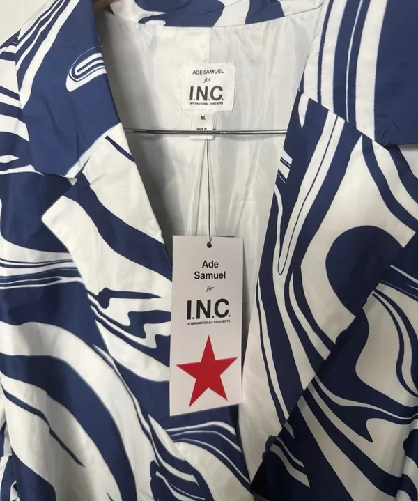 International Concepts NWT Ade Samuel abstract blue white belted trench coat sz XL - Image 6