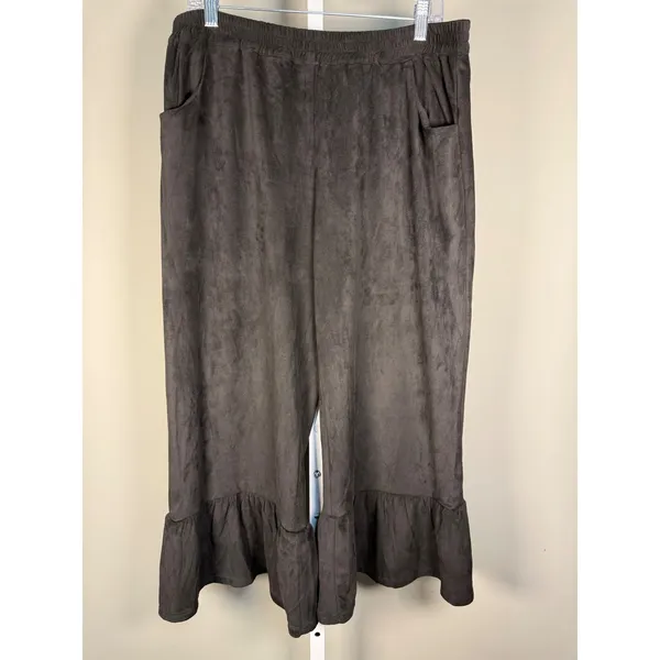 Umgee Black Velour Cropped Pants XL Boho Ruffle Hem Wide Leg - Image 2