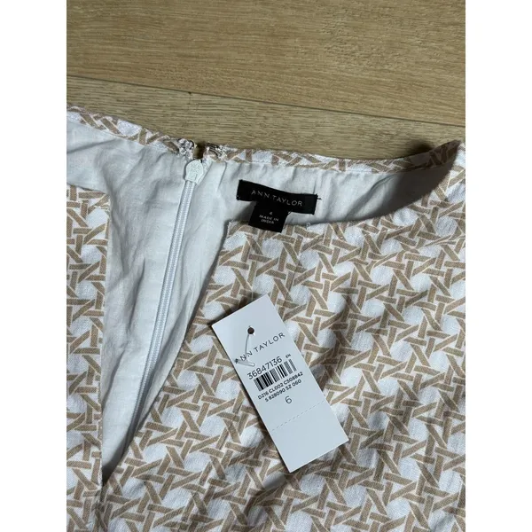 NWT Ann Taylor linen blend‎ dress geometric print belted waist v-neck size 6 - Image 3