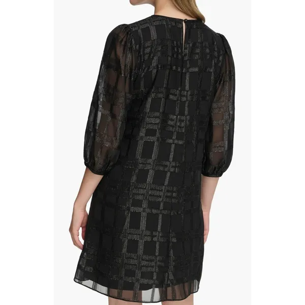 Calvin Klein Metallic Windowpane Trapeze Dress | Black | Size 16 | Sheer Sleeve - Image 4