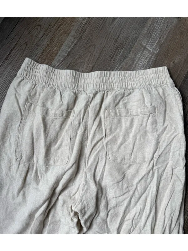 Old Navy Relaxed Linen Beach Pants Lounge Pants High Rise Straight Leg Beige Tan - Image 10