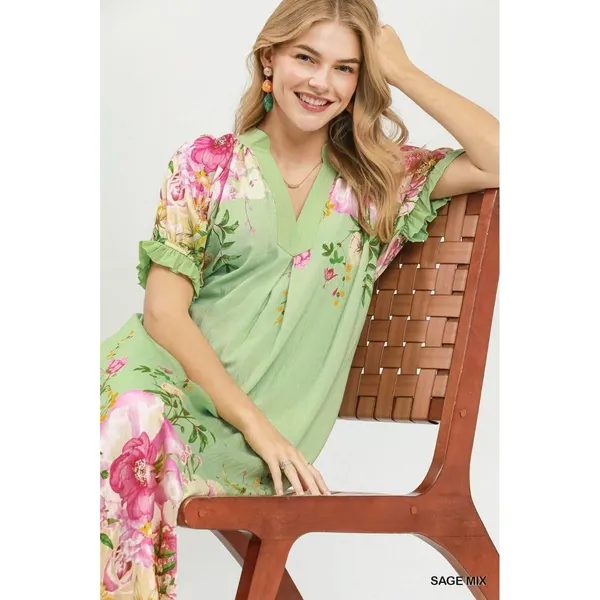 Umgee Mix Floral‎ Border Print Midi Dress - Sage Mix - Small - Image 6